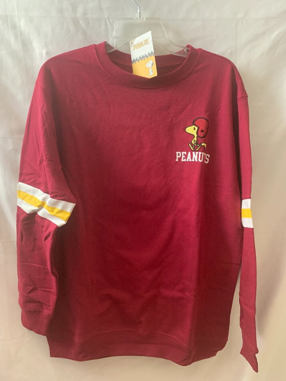 PEANUTS Snoopy & Woodstock Football Crew Neck Sweater in Burgundy Sz LARGE